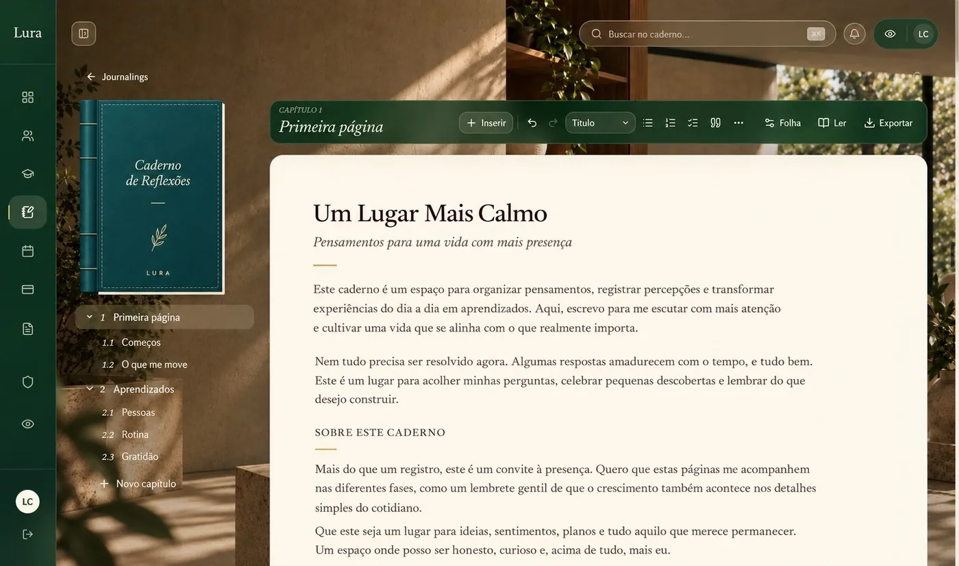 Tela de journaling da Lura: um caderno com capa, capítulos e seções, aberto na primeira página.